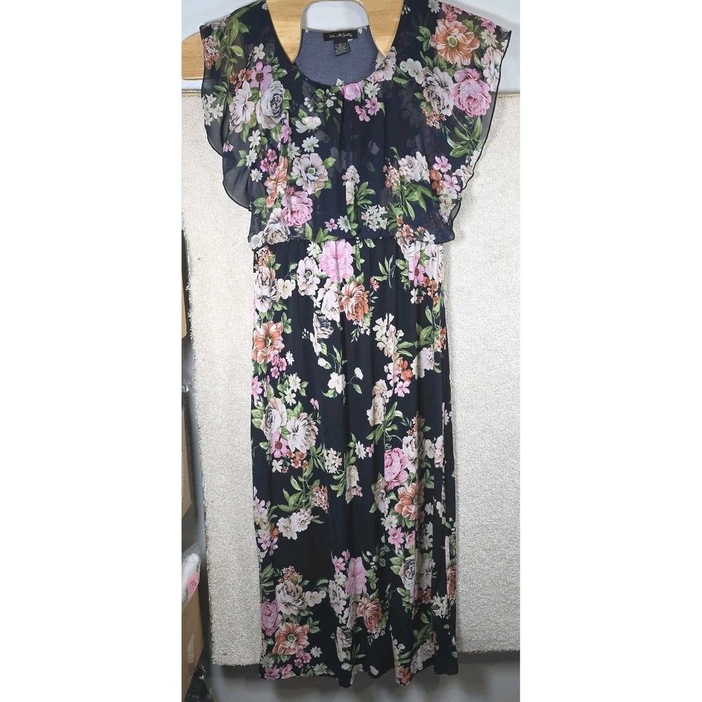 Elie McCarthy Floral Maxi Dress Womens Large Navy Blue Flutter Sleeve Ruffle L